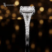 Side profile of a princess cut split shank lab-grown diamond engagement ring with diamond-set shoulders in 18kt white gold.