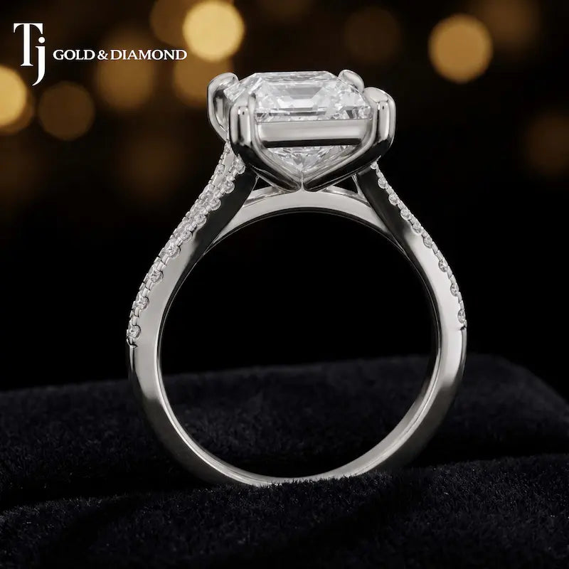 Side view of a princess cut split shank lab-grown diamond engagement ring featuring a four-claw cathedral setting in 18kt white gold.
