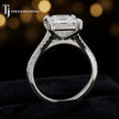 Side view of a princess cut split shank lab-grown diamond engagement ring featuring a four-claw cathedral setting in 18kt white gold.