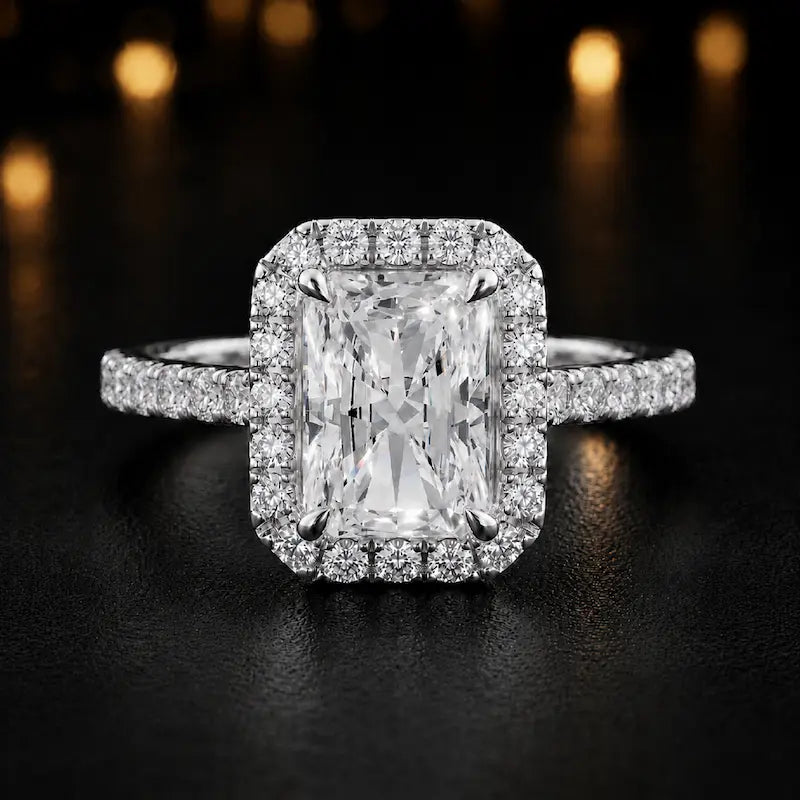 Front view of a radiant cut halo lab-grown diamond engagement ring in 18kt white gold.