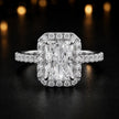 Front view of a radiant cut halo lab-grown diamond engagement ring in 18kt white gold.