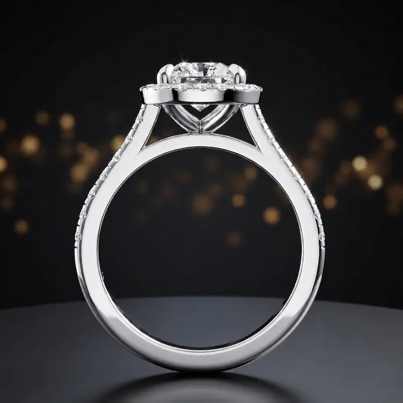 Side view of a radiant cut halo lab-grown diamond engagement ring with diamond-set shoulders in 18kt white gold