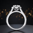 Side view of a radiant cut halo lab-grown diamond engagement ring with diamond-set shoulders in 18kt white gold