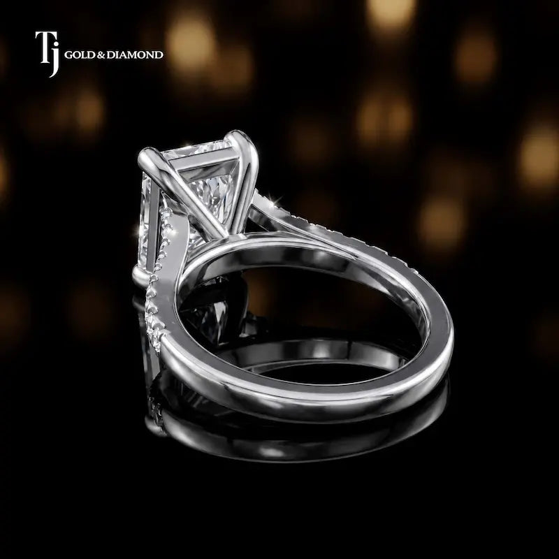 Back view of a radiant cut split shank lab-grown diamond engagement ring in 18kt white gold.