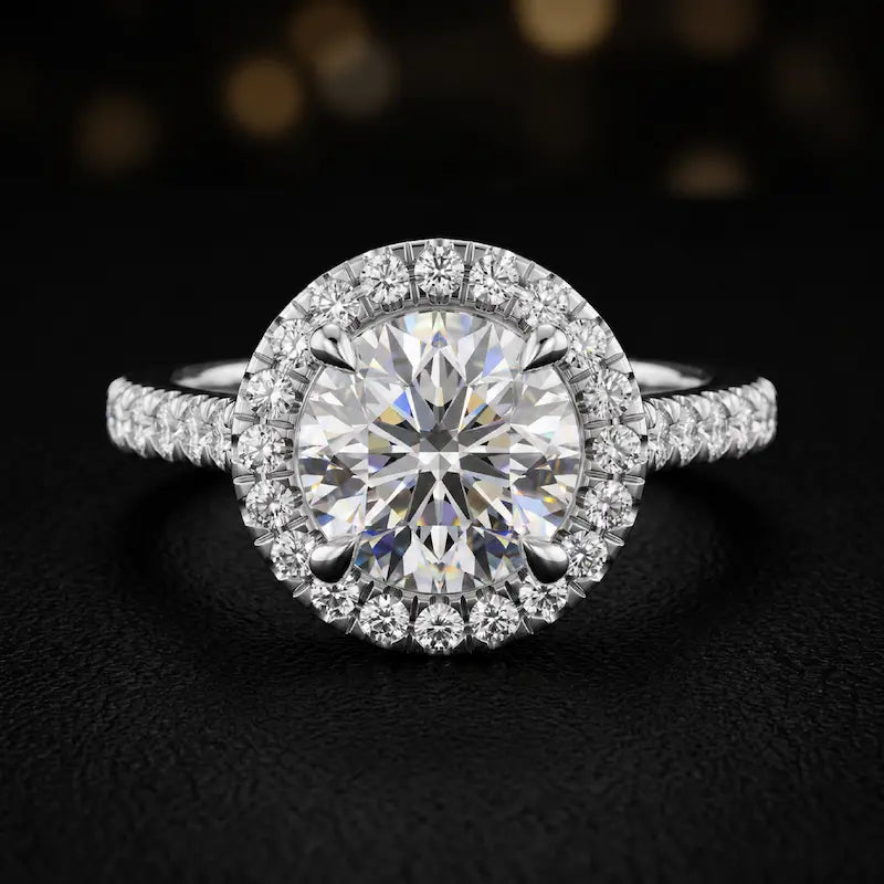 Front view of a round cut halo lab-grown diamond engagement ring in 18kt white gold.