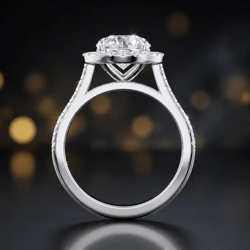 Side view of a round cut halo lab-grown diamond engagement ring with diamond-set shoulders in 18kt white gold.