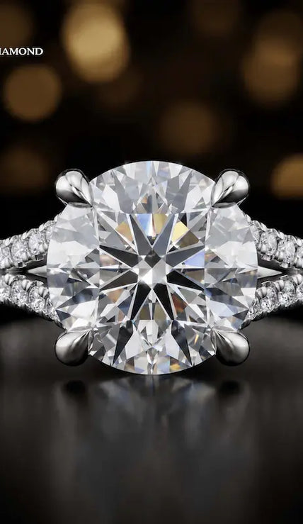Front view of a round cut split shank lab-grown diamond engagement ring in 18kt white gold.