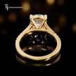 Back view of a cushion cut split shank lab-grown diamond engagement ring in 18kt yellow gold.