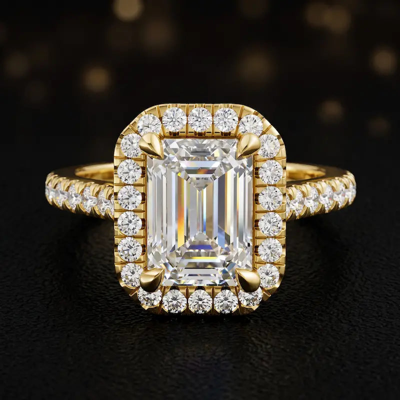 Front view of an emerald cut halo lab-grown diamond engagement ring in 18kt yellow gold.