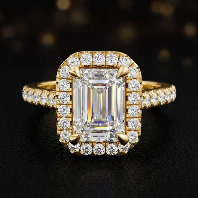 Front view of an emerald cut halo lab-grown diamond engagement ring in 18kt yellow gold.