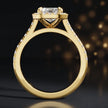Side view of an emerald cut halo lab-grown diamond engagement ring in 18kt yellow gold.