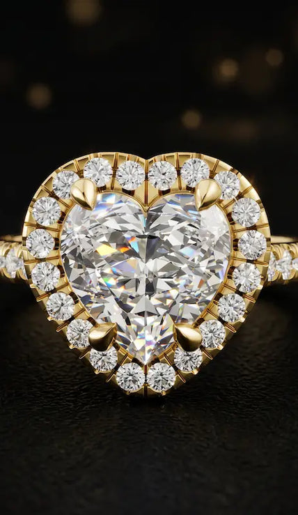 Front view of a heart cut halo lab-grown diamond engagement ring in 18kt yellow gold.