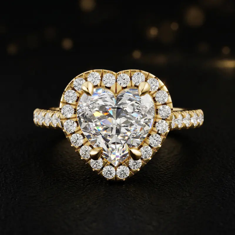 Front view of a heart cut halo lab-grown diamond engagement ring in 18kt yellow gold.