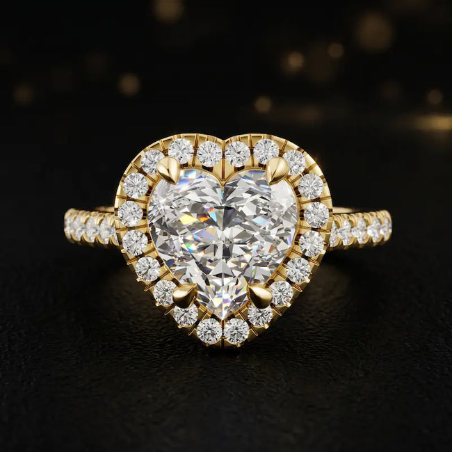 Front view of a heart cut halo lab-grown diamond engagement ring in 18kt yellow gold.