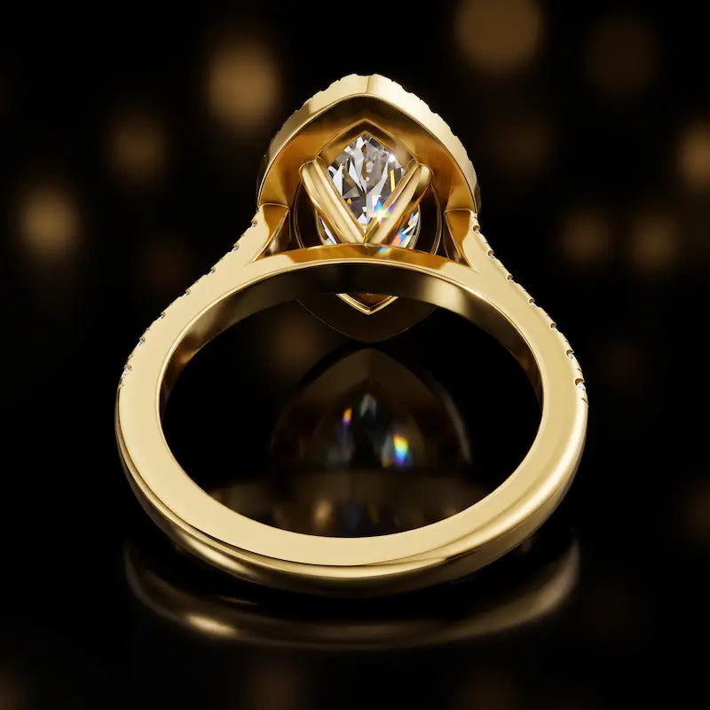Rear view of a marquise cut halo lab-grown diamond engagement ring in 18kt yellow gold.