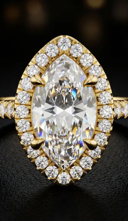 Front view of a marquise cut halo lab-grown diamond engagement ring in 18kt yellow gold.