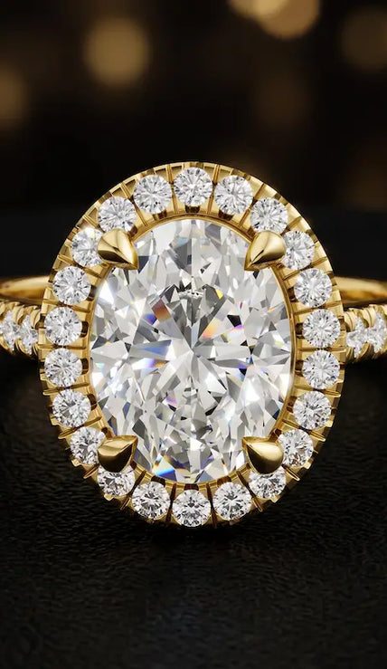 Front view of an oval cut halo lab-grown diamond engagement ring in 18kt yellow gold.