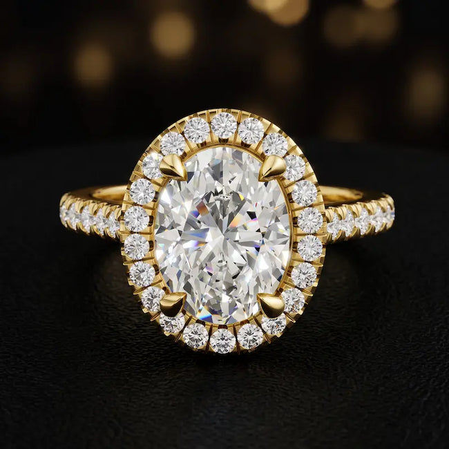 Front view of an oval cut halo lab-grown diamond engagement ring in 18kt yellow gold.