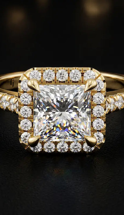 Front view of a princess cut halo lab-grown diamond engagement ring in 18kt yellow gold.