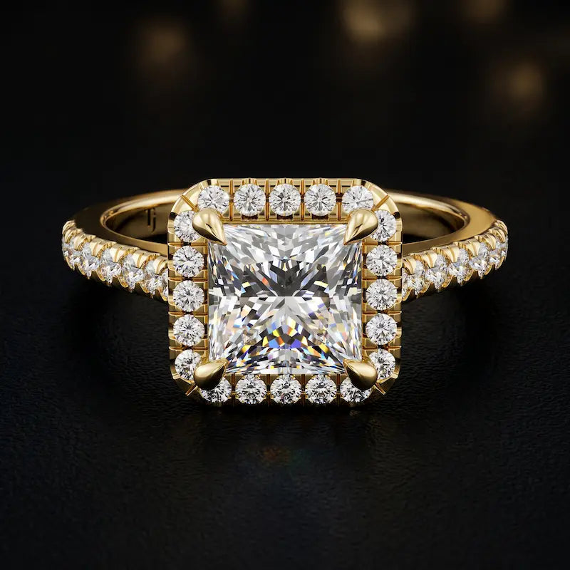 Front view of a princess cut halo lab-grown diamond engagement ring in 18kt yellow gold.