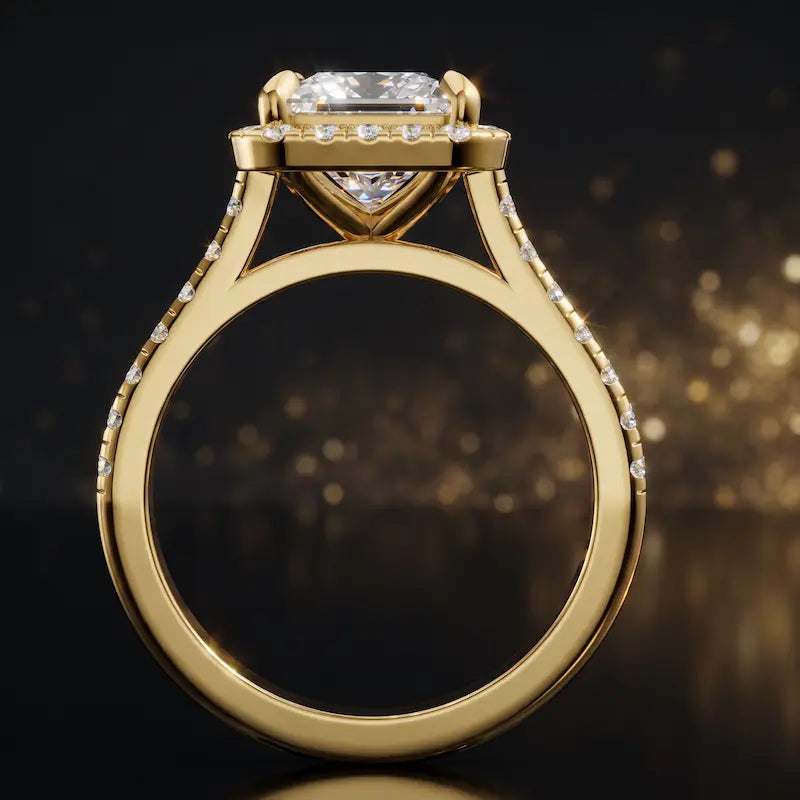 Side view of a princess cut halo lab-grown diamond engagement ring with diamond-set shoulders in 18kt yellow gold.