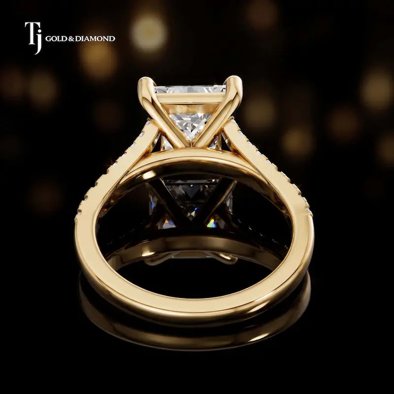Back view of a princess cut split shank lab-grown diamond engagement ring in 18kt yellow gold.