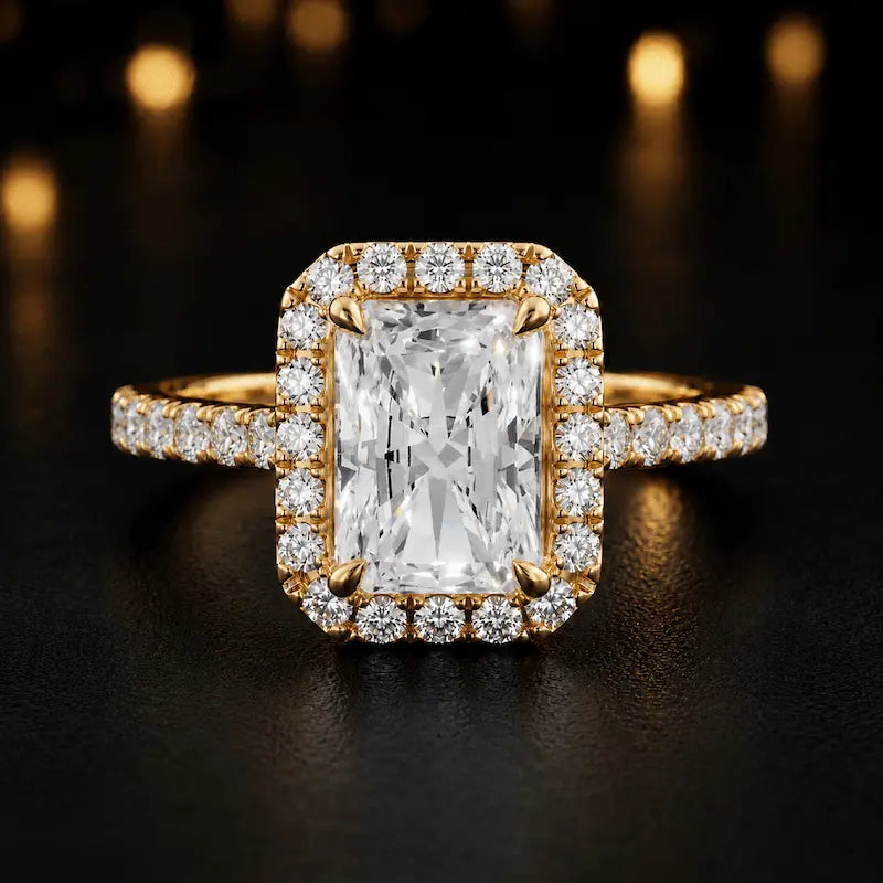 Front view of a radiant cut halo lab-grown diamond engagement ring in 18kt yellow gold.