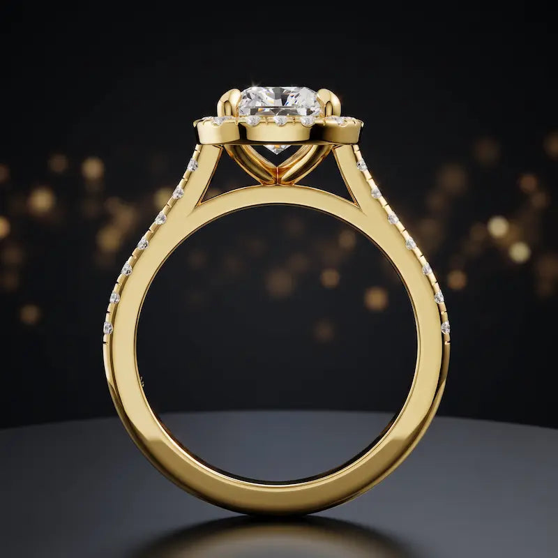 Side view of a radiant cut halo lab-grown diamond engagement ring with diamond-set shoulders in 18kt yellow gold.
