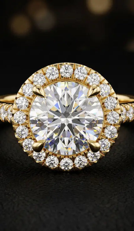 Front view of a round cut halo lab-grown diamond engagement ring in 18kt yellow gold.