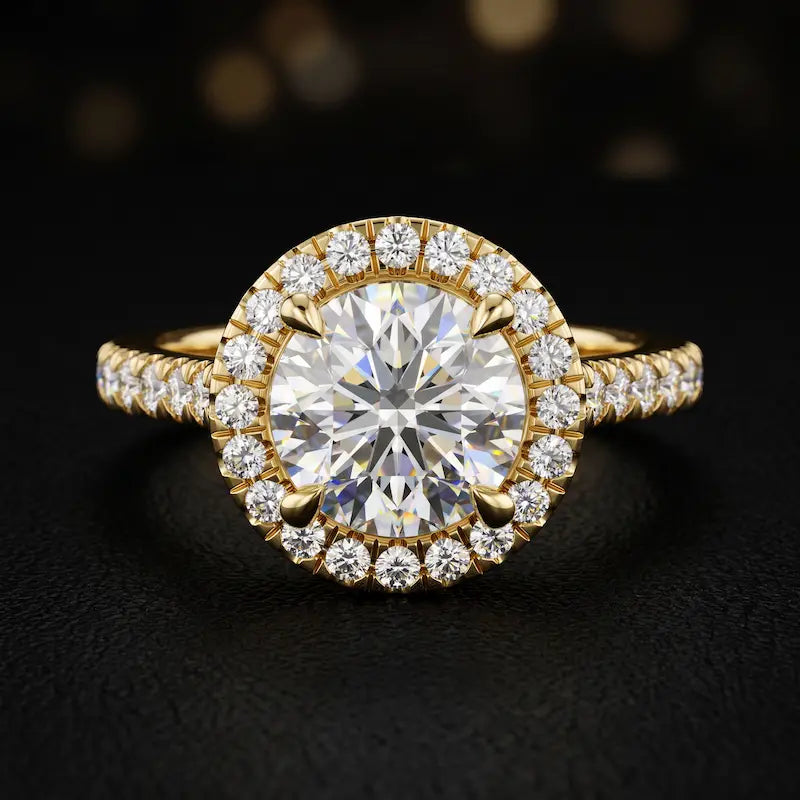 Front view of a round cut halo lab-grown diamond engagement ring in 18kt yellow gold.