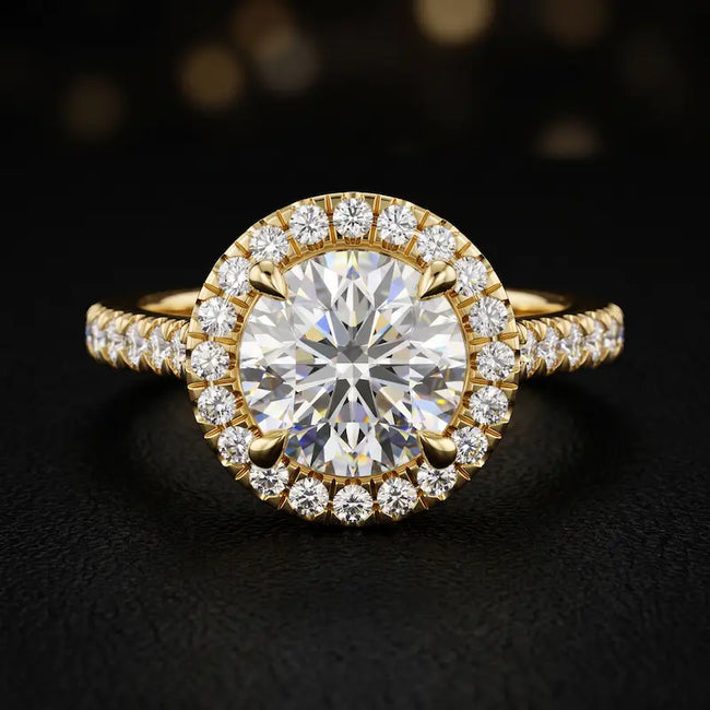 Front view of a round cut halo lab-grown diamond engagement ring in 18kt yellow gold.