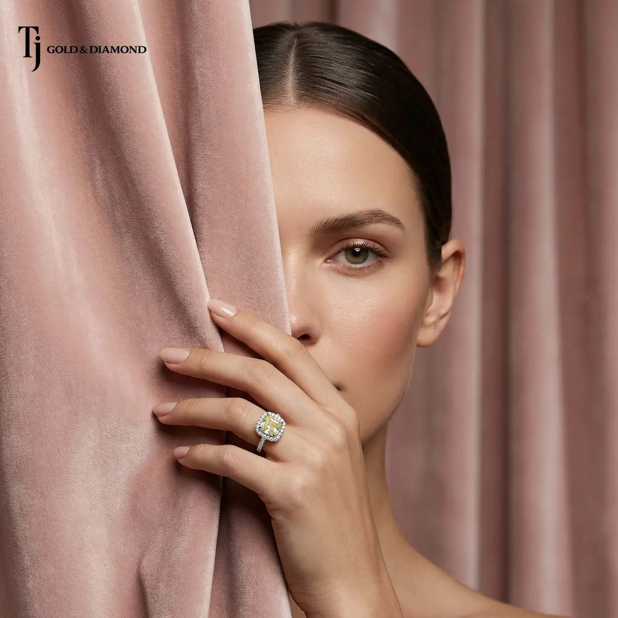 Model wearing a Cushion Cut Fancy Yellow Lab-Grown Diamond Halo Ring handcrafted in polished 18kt white gold.