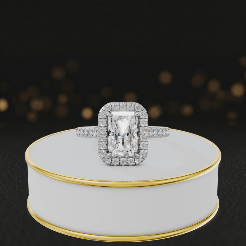 360° video of a Radiant Cut Halo Lab-Grown Diamond Engagement Ring in 18kt White Gold featuring a radiant-cut centre diamond, sparkling diamond halo and diamond-set shoulders.