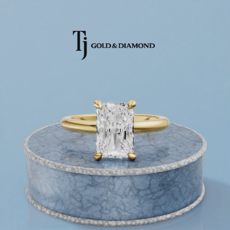 360-degree video of a 1.5 carat radiant cut lab-grown diamond solitaire engagement ring in 18kt yellow gold with a 4-claw setting