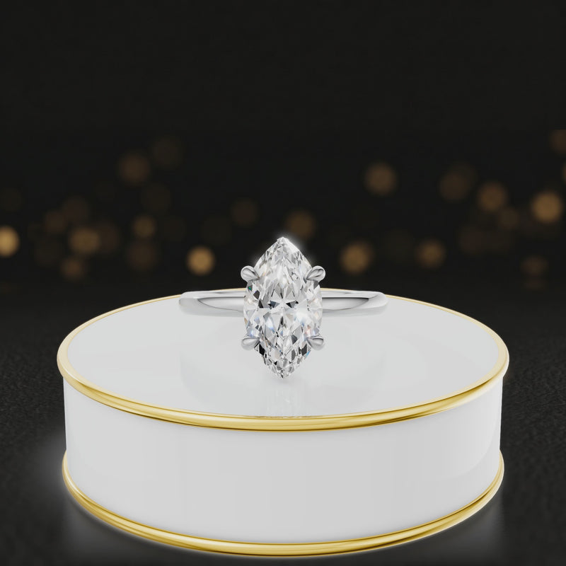 360 degree spinning video of 4-claw marquise cut engagement ring with hidden halo in 18kt white gold