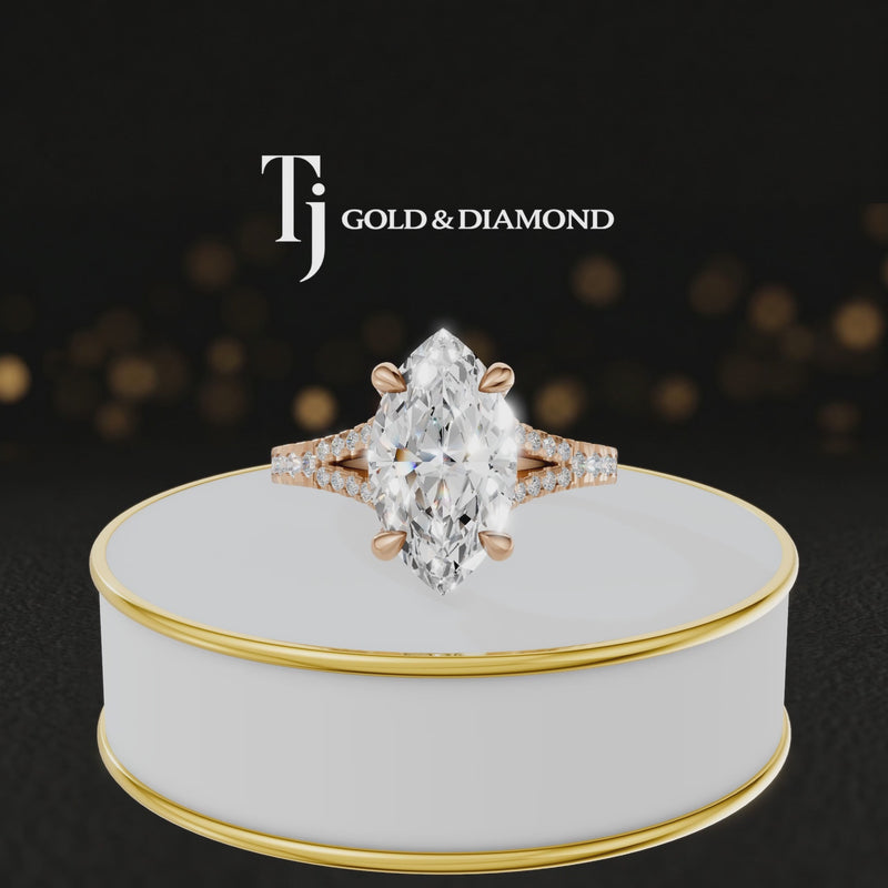 360° product view of a marquise cut split shank lab-grown diamond engagement ring in 18kt rose gold featuring a marquise-cut centre diamond, classic four-claw cathedral setting and diamond-set split shank.