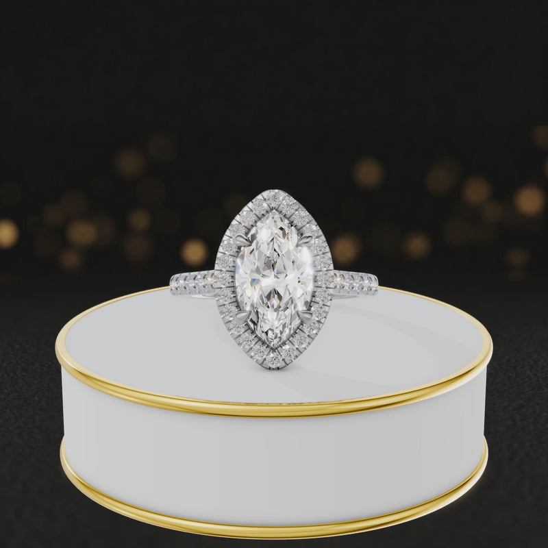 360° video of a Marquise Cut Halo Lab-Grown Diamond Engagement Ring in 18kt White Gold featuring a marquise-cut centre diamond, sparkling diamond halo and diamond-set shoulders.
