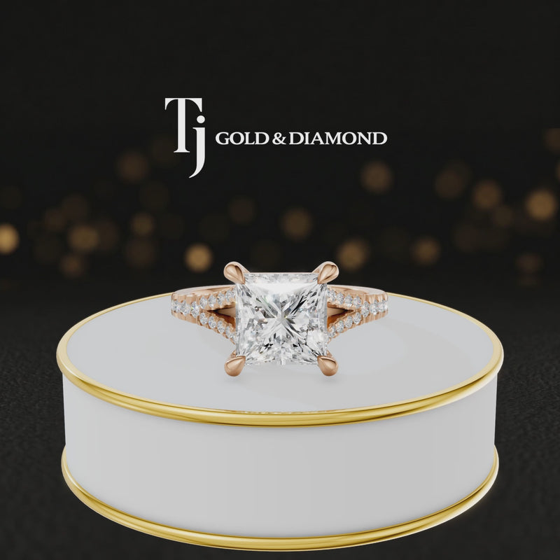 360° product view of a princess cut split shank lab-grown diamond engagement ring in 18kt rose gold featuring a princess-cut centre diamond, classic four-claw cathedral setting and diamond-set split shank.
