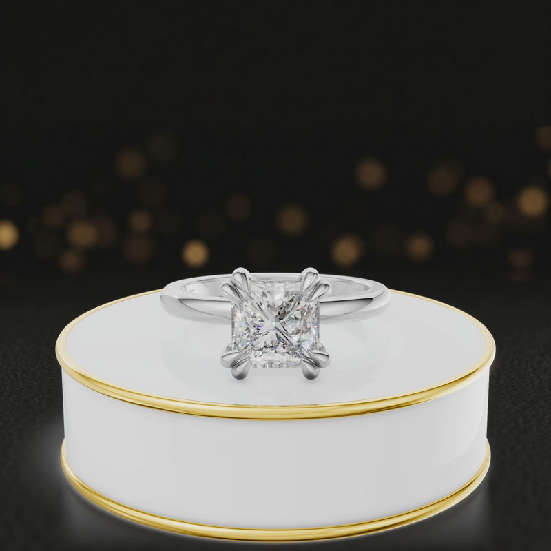 360-degree rotating view of a 1.5 carat princess cut diamond solitaire engagement ring in an 18kt white gold 4 double claw setting by TJ Diamond