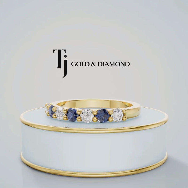360° product view of an Alternating Lab-Created Sapphire & Lab-Grown Diamond Half Eternity Ring in 18kt yellow gold.