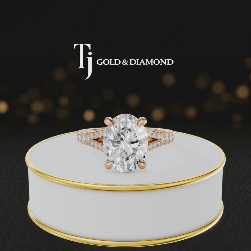 360° product view of an oval cut split shank lab-grown diamond engagement ring in 18kt rose gold featuring an oval-cut centre diamond, classic four-claw cathedral setting and diamond-set split shank.