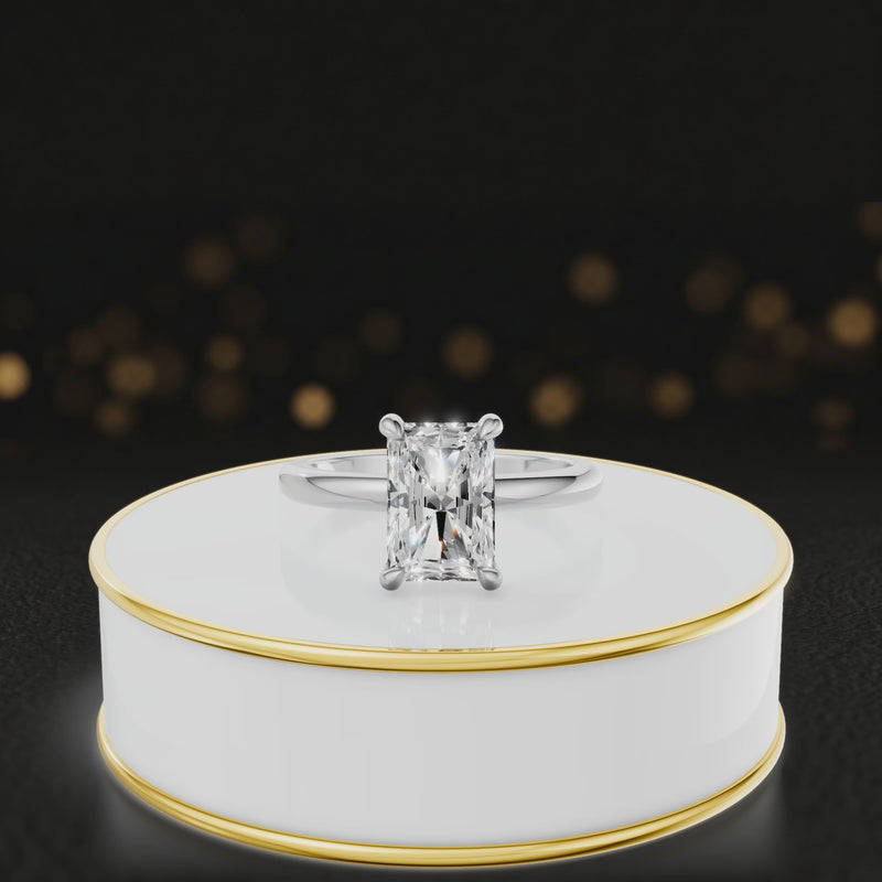 360-degree spinning video of a radiant cut lab-grown diamond engagement ring with hidden halo in 18kt white gold