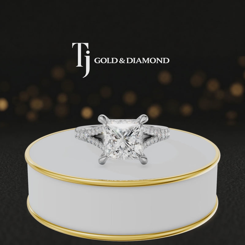 360° product view of a princess cut split shank lab-grown diamond engagement ring in 18kt white gold featuring a princess-cut centre diamond, elegant four-claw cathedral setting and diamond-set split shank.