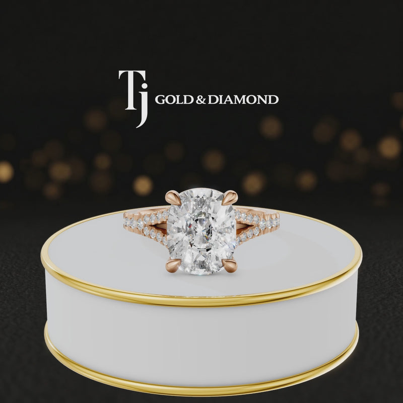 360° product view of a Cushion Cut Split Shank Lab-Grown Diamond Engagement Ring in 18kt Rose Gold featuring a cushion-cut centre diamond, classic four-claw cathedral setting and diamond-set split shank.