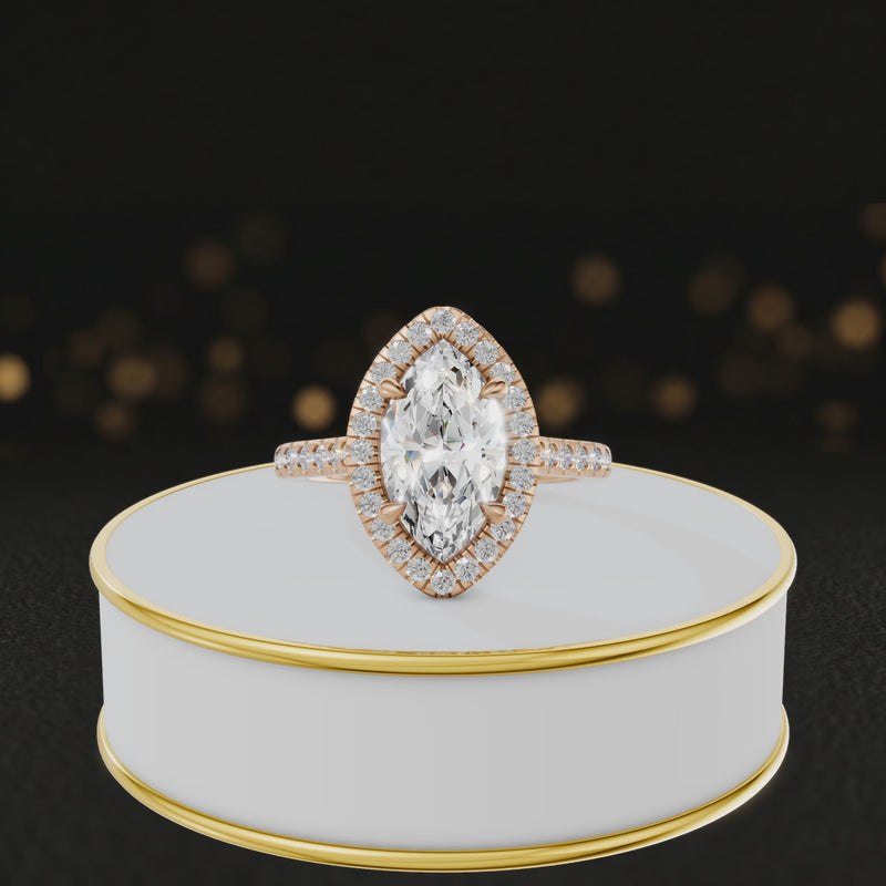 360° video of a Marquise Cut Halo Lab-Grown Diamond Engagement Ring in 18kt Rose Gold featuring a marquise-cut centre diamond, sparkling diamond halo and diamond-set shoulders.