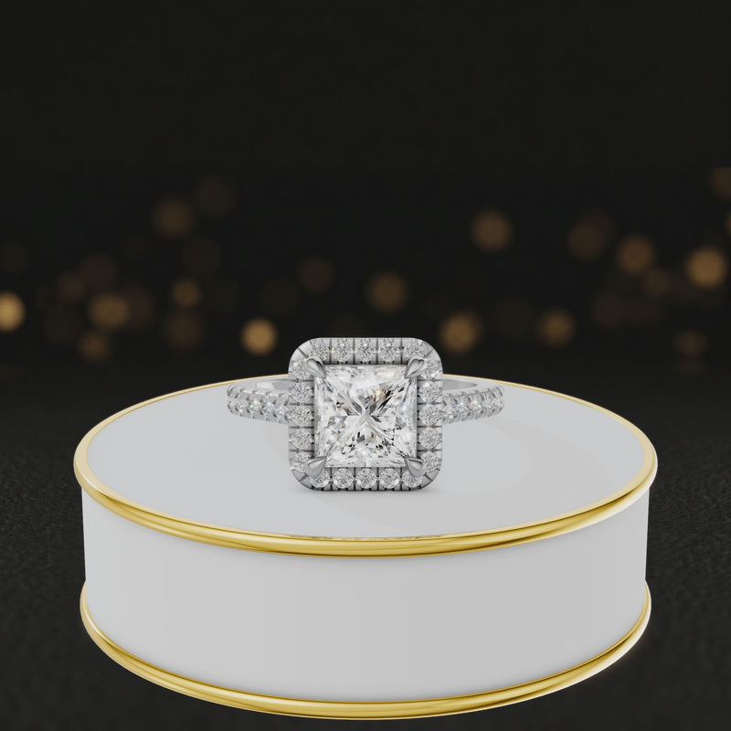 360° video of a Princess Cut Halo Lab-Grown Diamond Engagement Ring in 18kt White Gold featuring a princess-cut centre diamond, sparkling diamond halo and diamond-set shoulders.