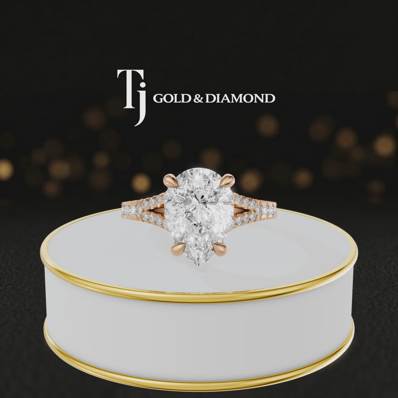 360° product view of a pear cut split shank lab-grown diamond engagement ring in 18kt rose gold featuring a pear-cut centre diamond, classic four-claw cathedral setting and diamond-set split shank.