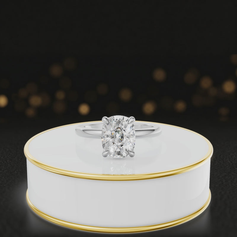 360 degree spinning video of 4-claw cushion cut engagement ring with hidden halo in 18kt white gold