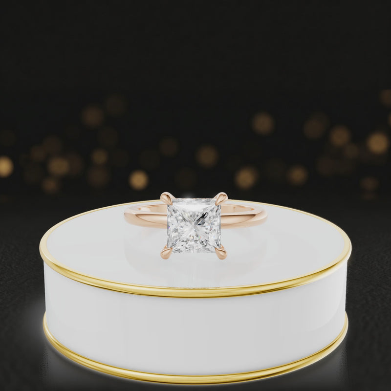 360 degree spinning video of 4-claw princess cut engagement ring with hidden halo in 18kt rose gold
