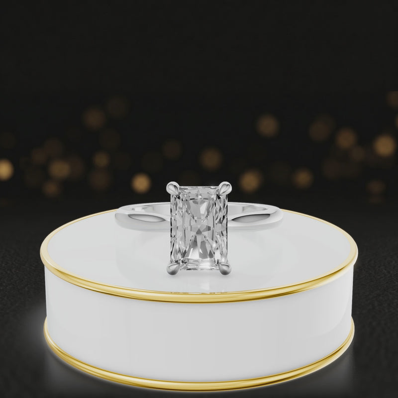 360-degree rotating view of a 1.5 carat radiant cut diamond solitaire engagement ring in an 18kt white gold 4 claw setting by TJ Diamond